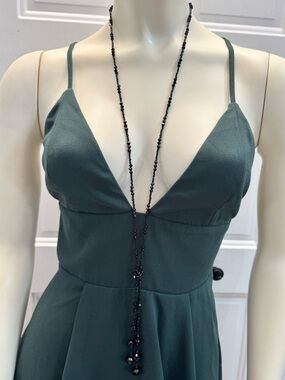 Vintage Black Beaded Lariat Necklace Y Drop Adjustable Acrylic Faceted Beads Y2K